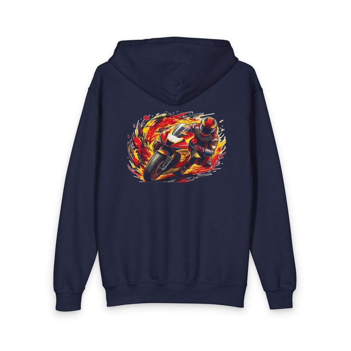 Flaming Motorcycle Rider Youth Hoodie | Zipped Red Hooded Sweatshirt