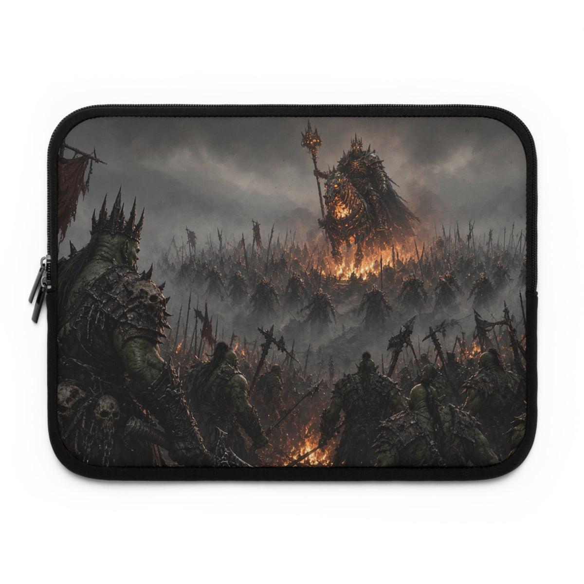 Spiked Crown Warlord Laptop Sleeve, Flaming Banner Orc Army Computer Case, Dark Fantasy Tabletop RPG Tactical Notebook Cover