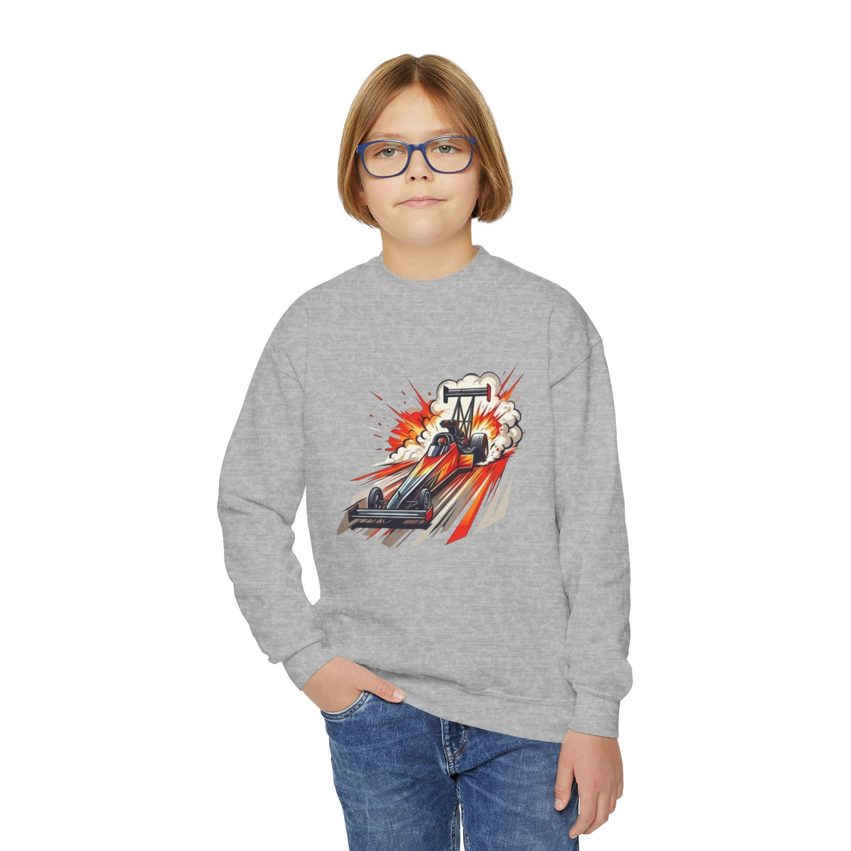 Dragster Race Car Youth Crewneck Sweatshirt | Drag Racing Graphic