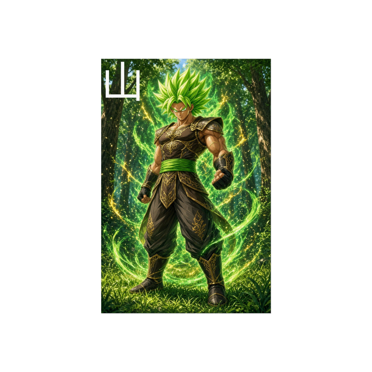 Mountain Kanji Poster, Emerald Green Aura Anime Art Print, Vertical Elemental Forest Fighter Giclee Wall Decor