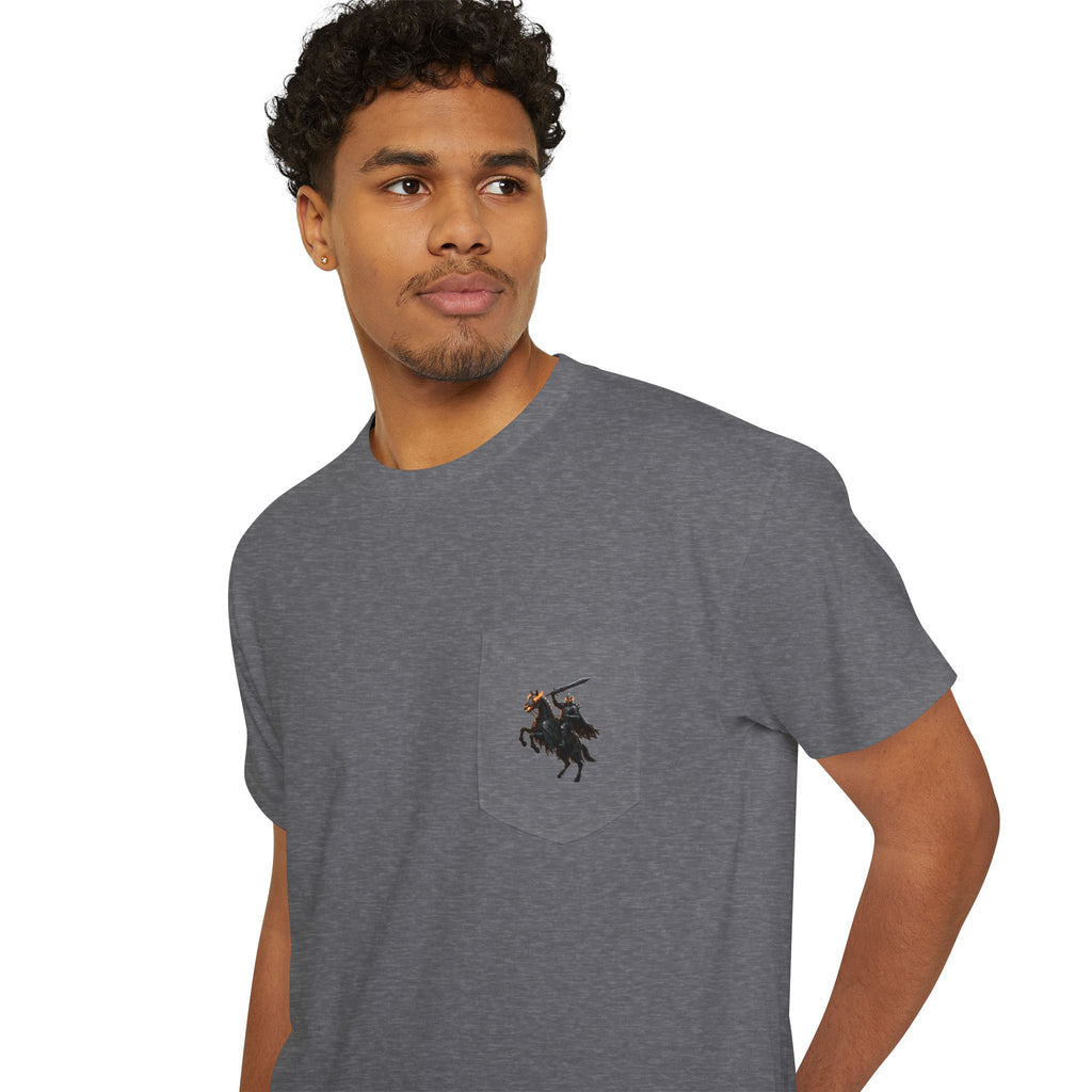 Front Pocket Emblem T-Shirt, Full Color Back Print Dark Knight Tee, Double Sided Medieval Undead Warrior Apparel