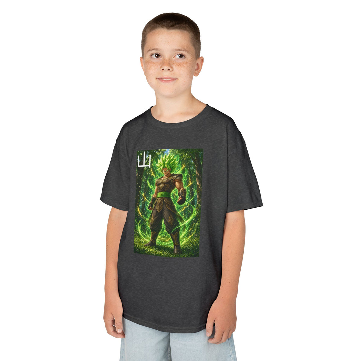 Emerald Forest Tee, Mountain Kanji Green Warrior Youth Shirt, Elemental Earth Fighter Graphic Kids Playwear Clothing