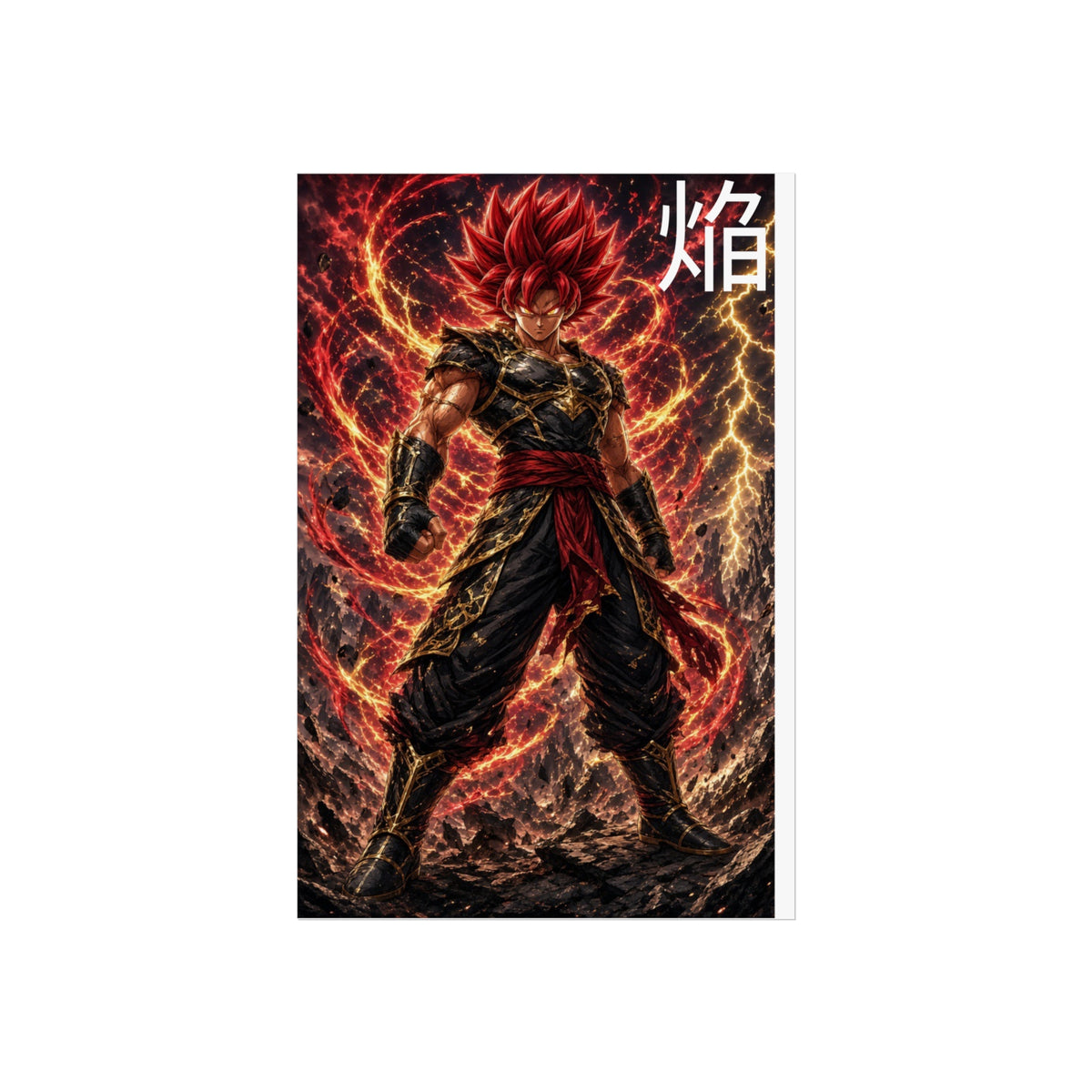 Flame Kanji Poster, Crimson Magma Aura Anime Art Print, Vertical Elemental Fire Fighter Giclee Wall Decor