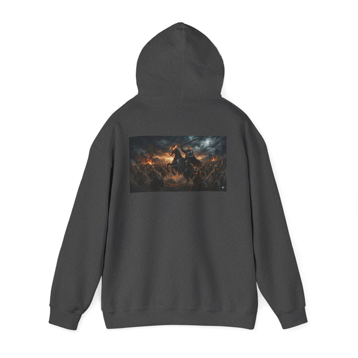 Minimalist Silhouette Front Hoodie, Full Color Back Battle Scene Sweatshirt, Double Sided Gothic Heavyweight Pullover Apparel