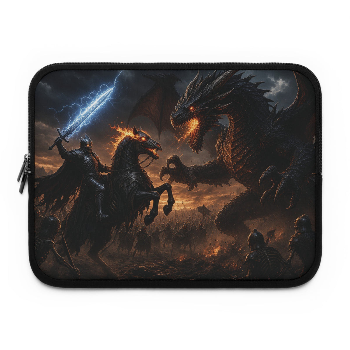 Rearing Hellhound Rider Laptop Sleeve, Lightning Sword vs Ancient Dragon Computer Case, Dark Fantasy RPG Boss Fight Tech Cover