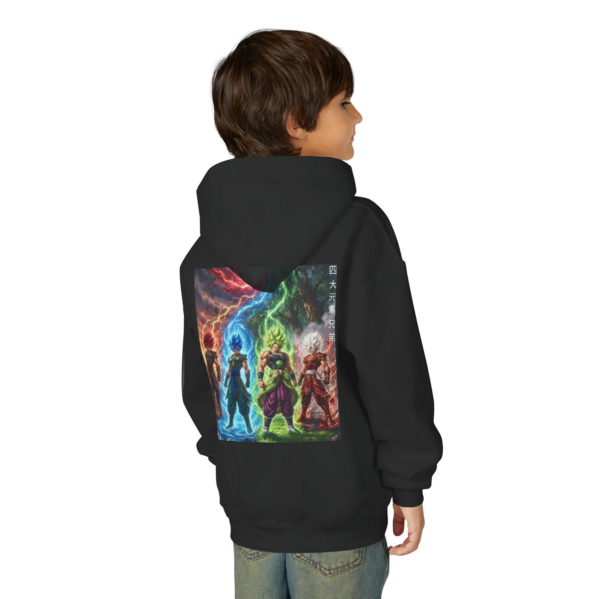 Multi Color Variant Hoodie, Four Elemental Brothers Kids Pullover, Front Kanji Back Print Anime Graphic Youth Sweatshirt