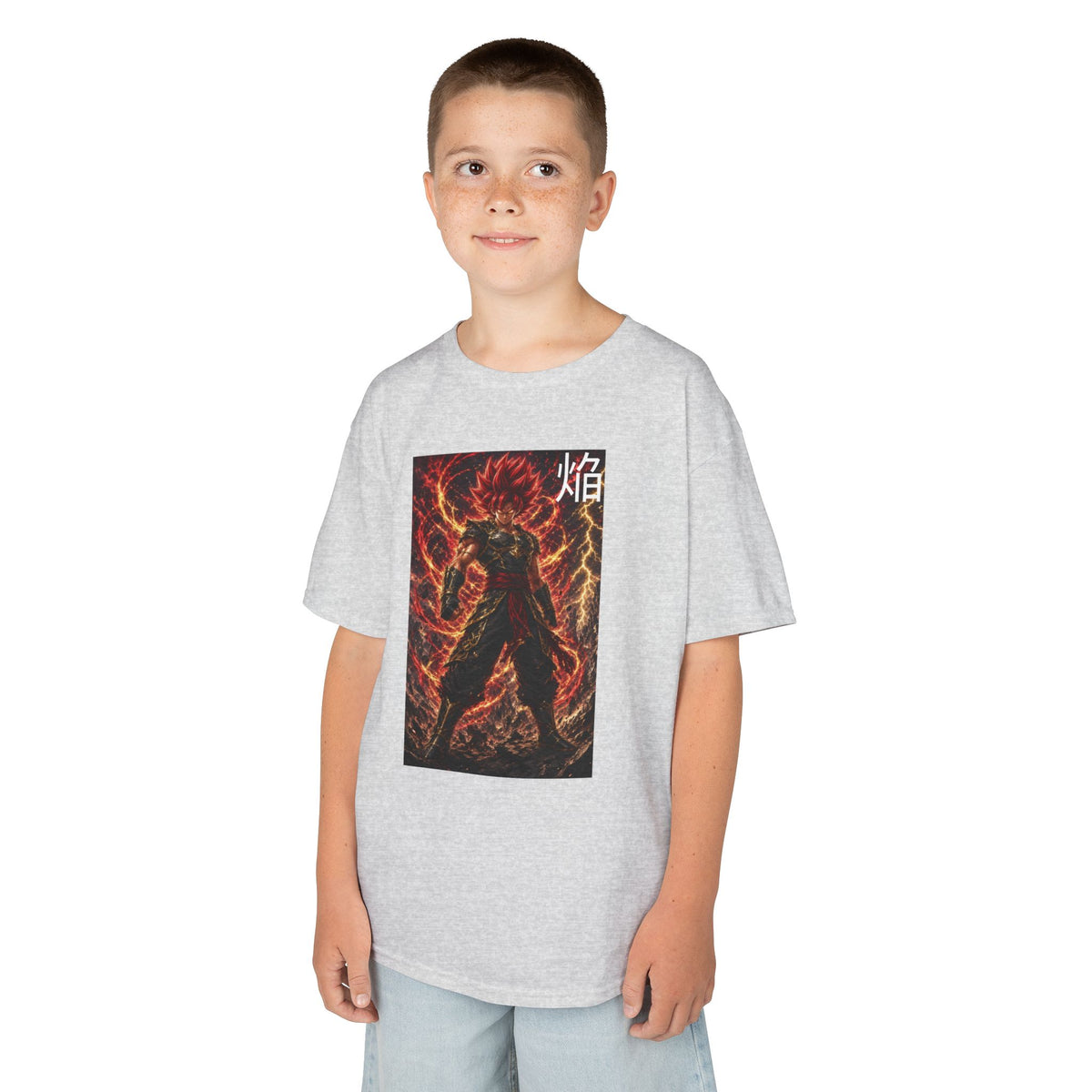 Volcanic Crimson Tee, Flame Kanji Magma Warrior Youth Shirt, Elemental Fire Fighter Graphic Kids Playwear Clothing