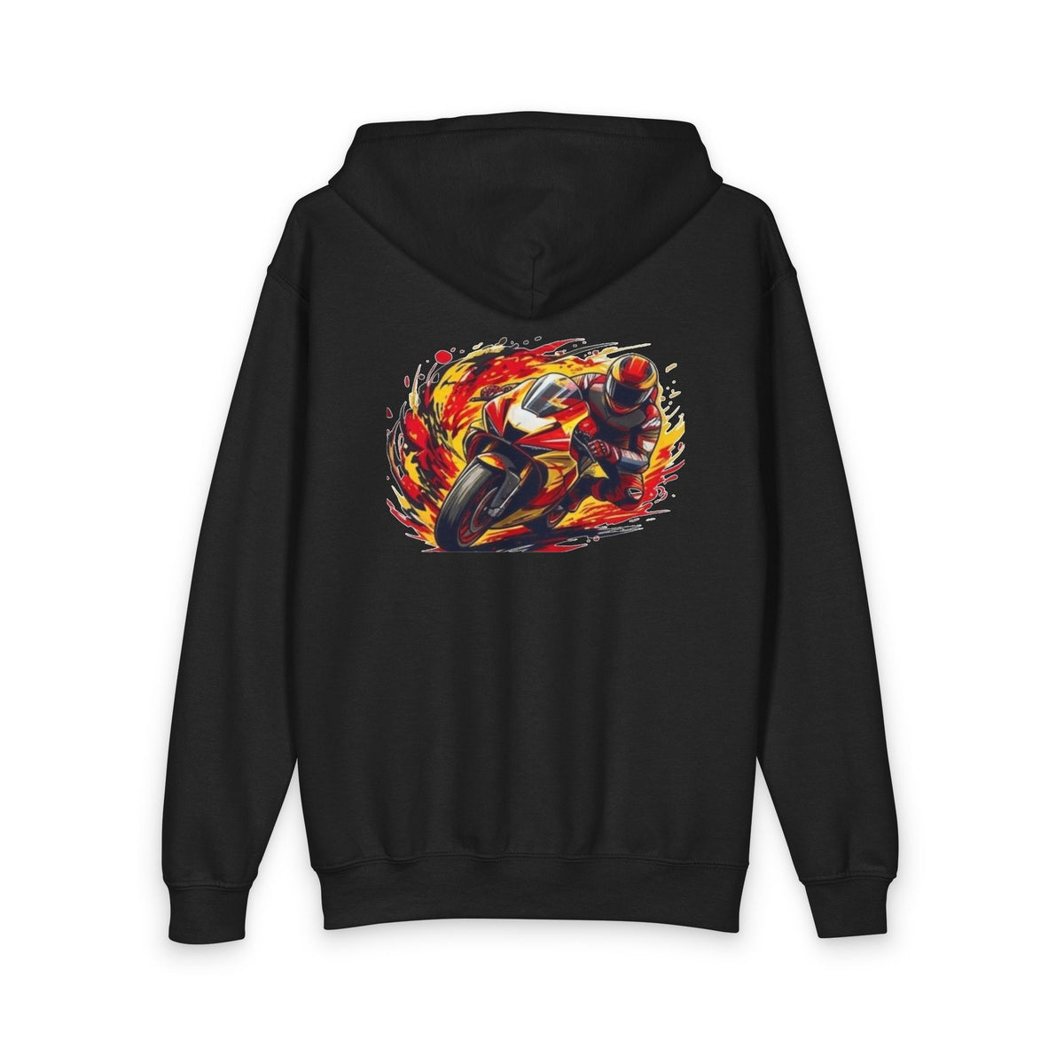 Flaming Motorcycle Rider Youth Hoodie | Zipped Red Hooded Sweatshirt