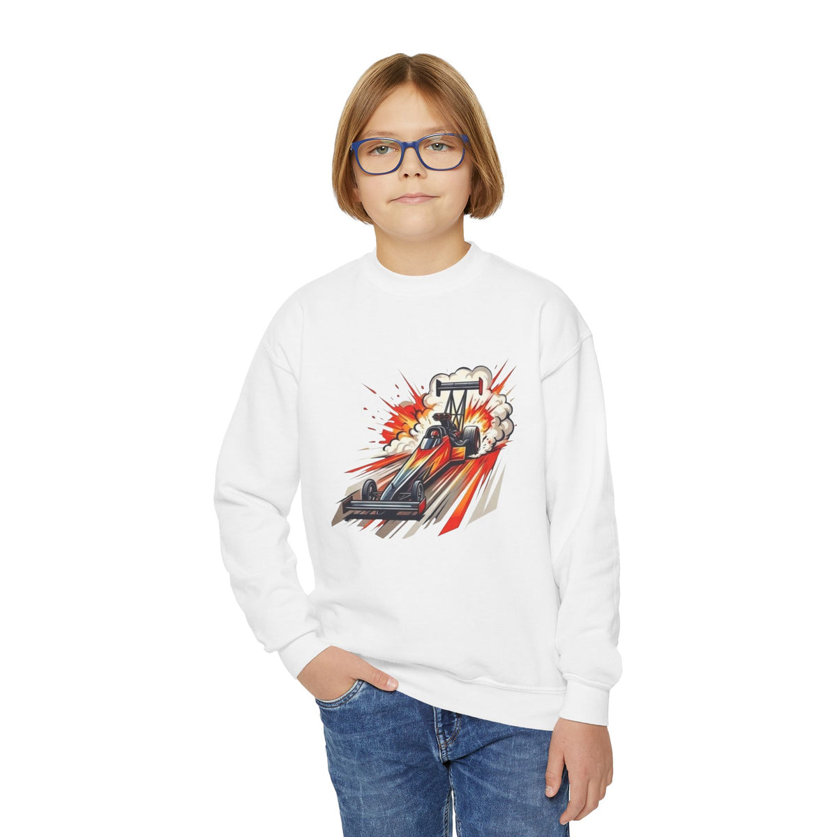 Dragster Racing Illustration Youth Crewneck Sweatshirt | Nitro Top Fuel Car