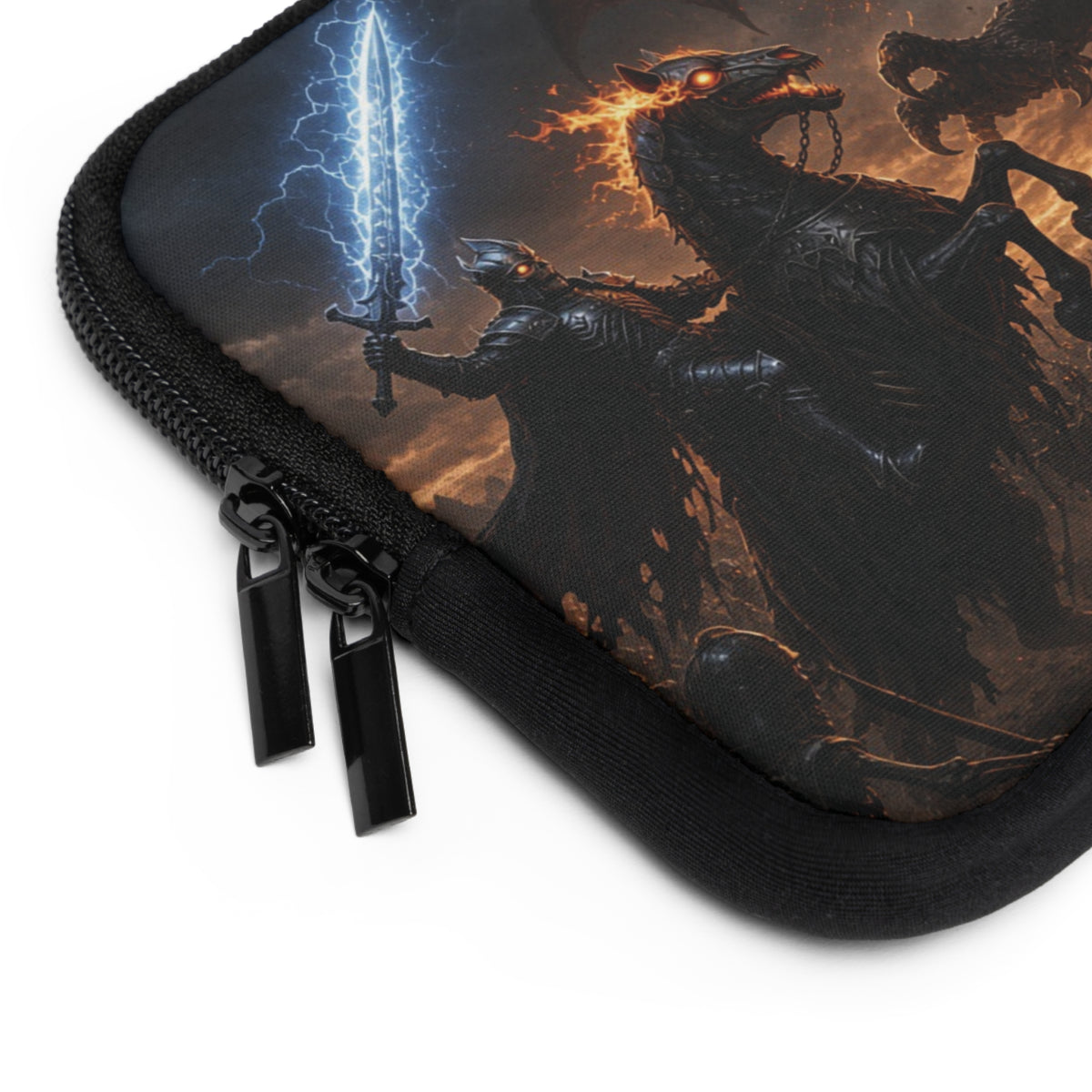 Rearing Hellhound Rider Laptop Sleeve, Lightning Sword vs Ancient Dragon Computer Case, Dark Fantasy RPG Boss Fight Tech Cover