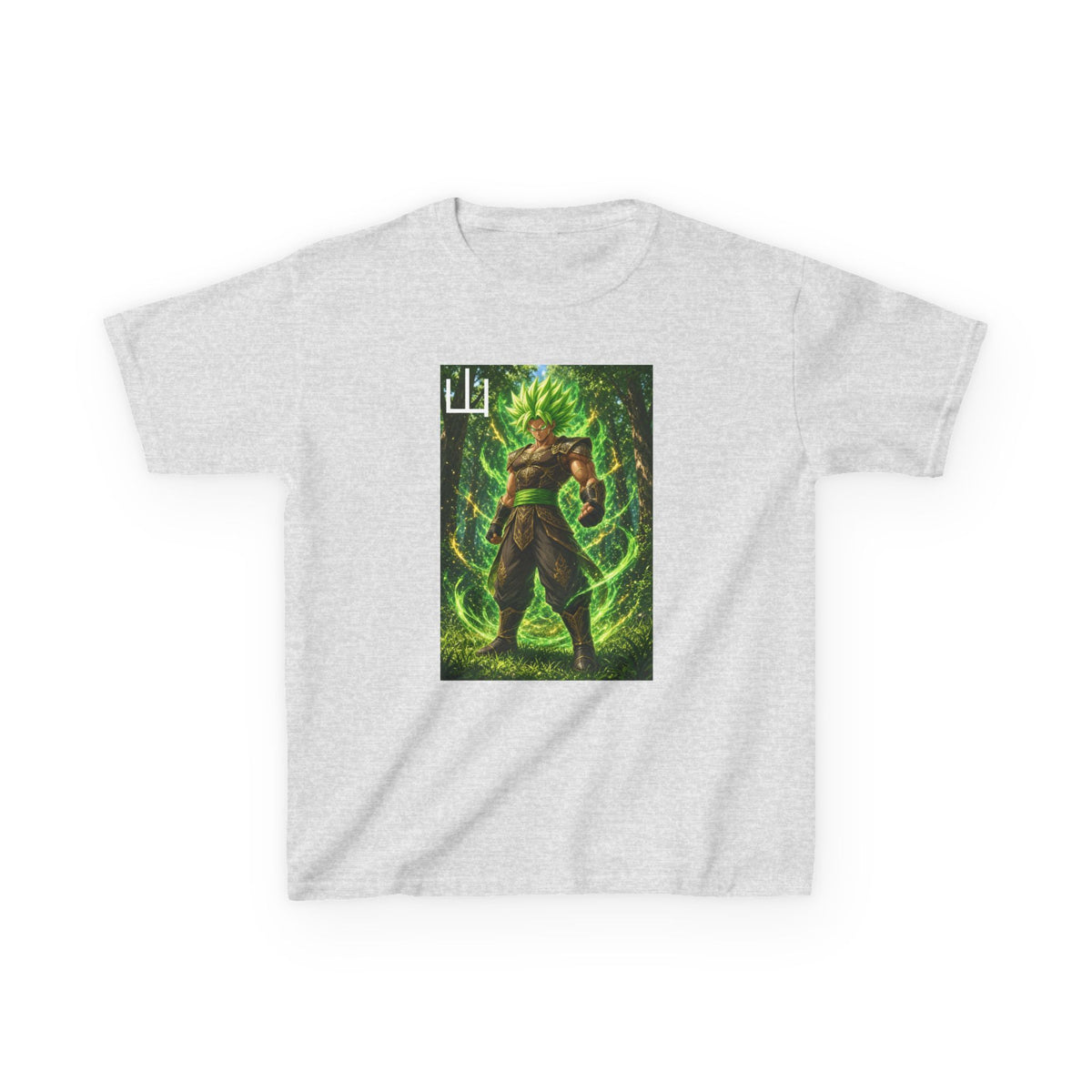 Emerald Forest Tee, Mountain Kanji Green Warrior Youth Shirt, Elemental Earth Fighter Graphic Kids Playwear Clothing