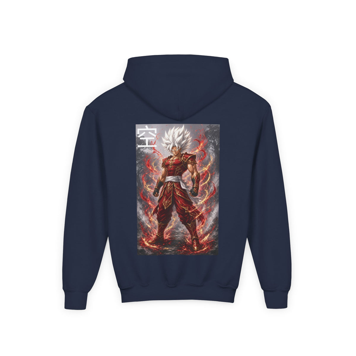 White Hair Warrior Hoodie, Sky Kanji Anime Kids Pullover, Front Minimal Chest Text Back Print Elemental Graphic Youth Sweatshirt