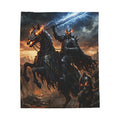 Rune Lit Blade Blanket, Velveteen Plush Dark Fantasy Throw, Armored Skeleton Warlord Cozy Fleece Bedding