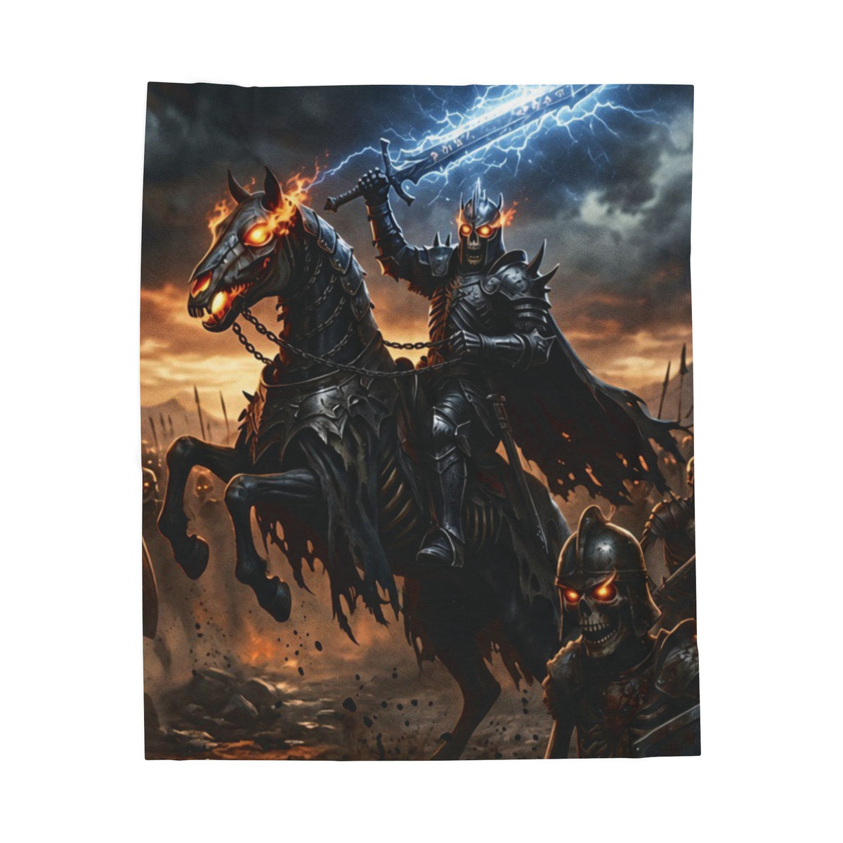 Rune Lit Blade Blanket, Velveteen Plush Dark Fantasy Throw, Armored Skeleton Warlord Cozy Fleece Bedding