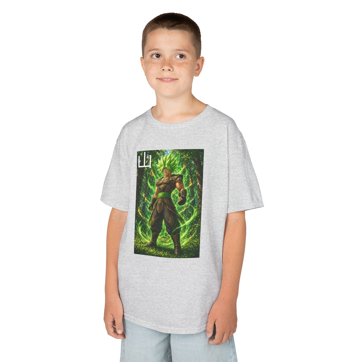 Emerald Forest Tee, Mountain Kanji Green Warrior Youth Shirt, Elemental Earth Fighter Graphic Kids Playwear Clothing