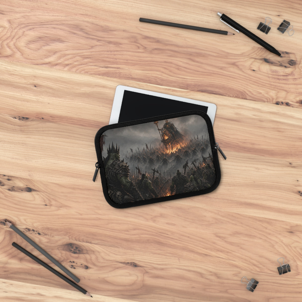 Spiked Crown Warlord Laptop Sleeve, Flaming Banner Orc Army Computer Case, Dark Fantasy Tabletop RPG Tactical Notebook Cover