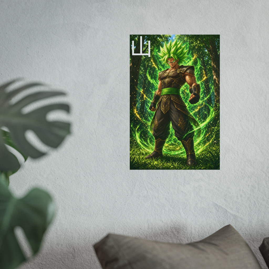 Mountain Kanji Poster, Emerald Green Aura Anime Art Print, Vertical Elemental Forest Fighter Giclee Wall Decor
