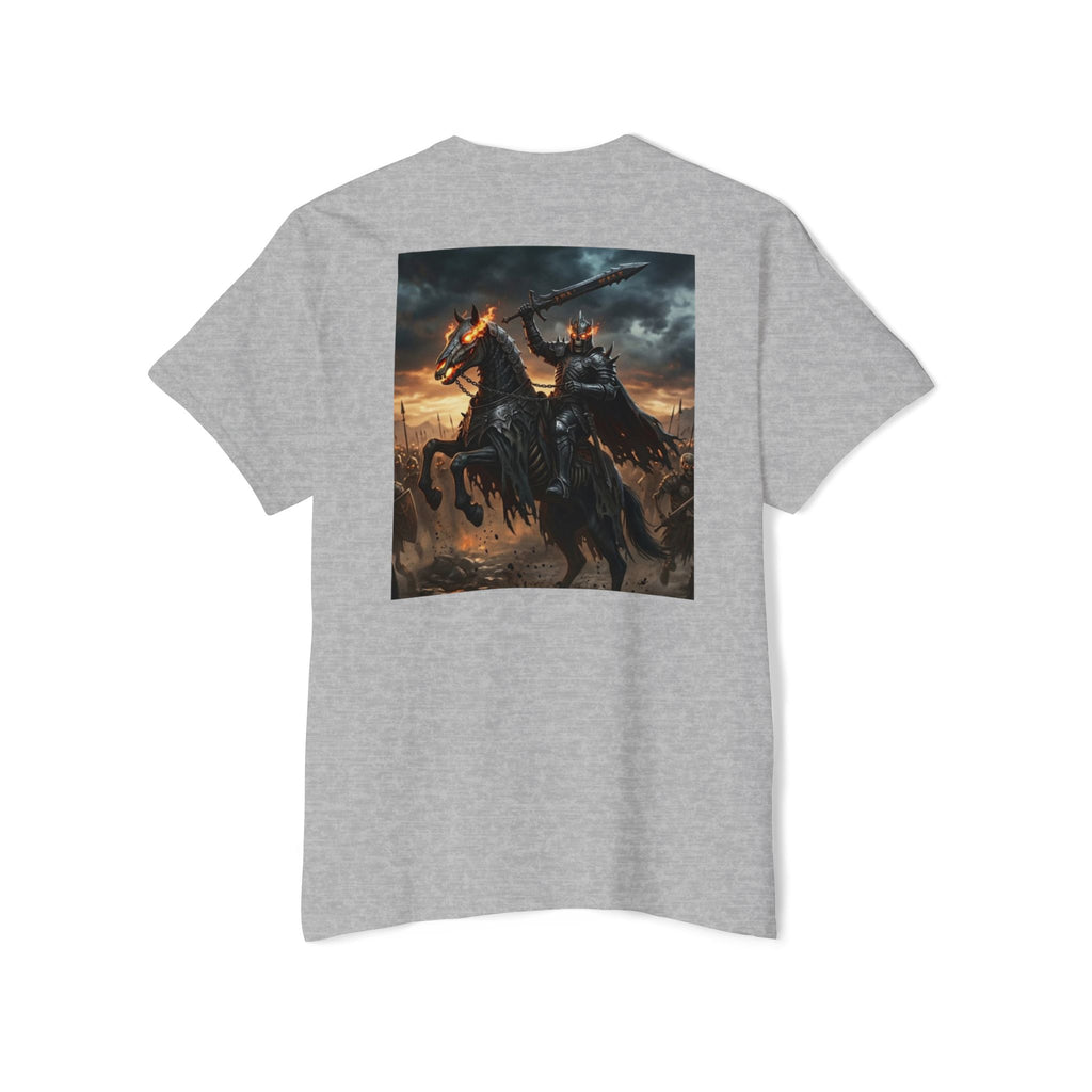 Front Pocket Emblem T-Shirt, Full Color Back Print Dark Knight Tee, Double Sided Medieval Undead Warrior Apparel