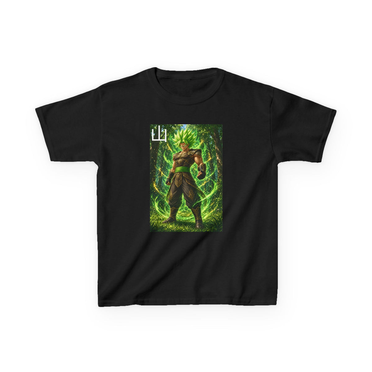 Emerald Forest Tee, Mountain Kanji Green Warrior Youth Shirt, Elemental Earth Fighter Graphic Kids Playwear Clothing