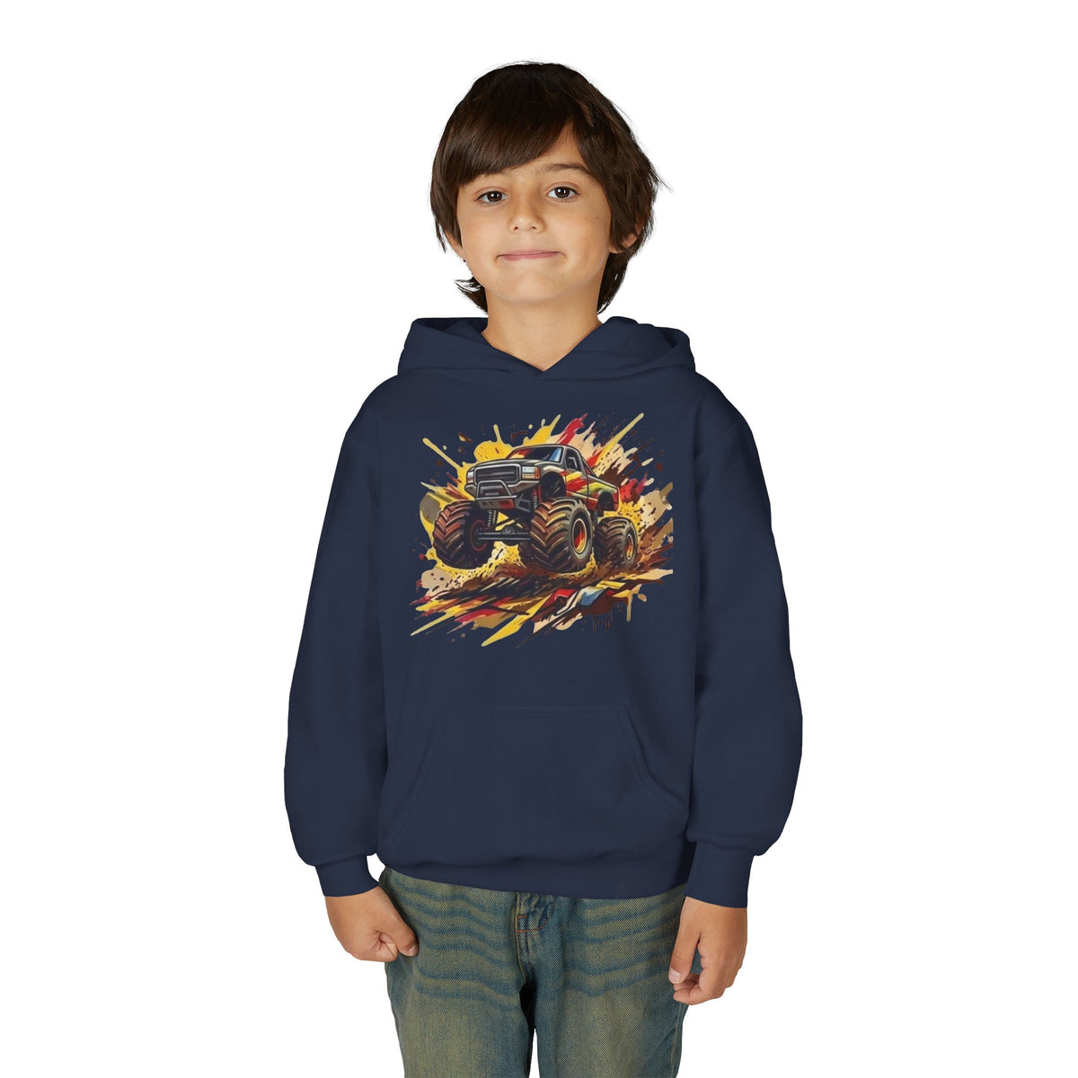 Monster Truck Illustration Youth Hoodie | Racing Mud Splash Graphic