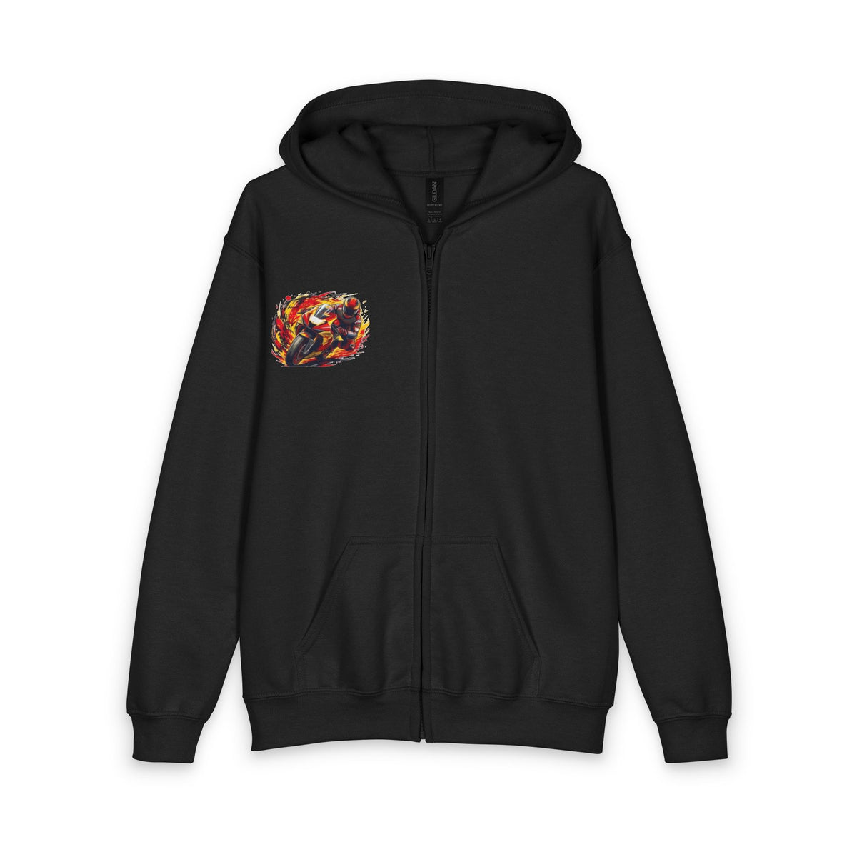 Flaming Motorcycle Rider Youth Hoodie | Zipped Red Hooded Sweatshirt