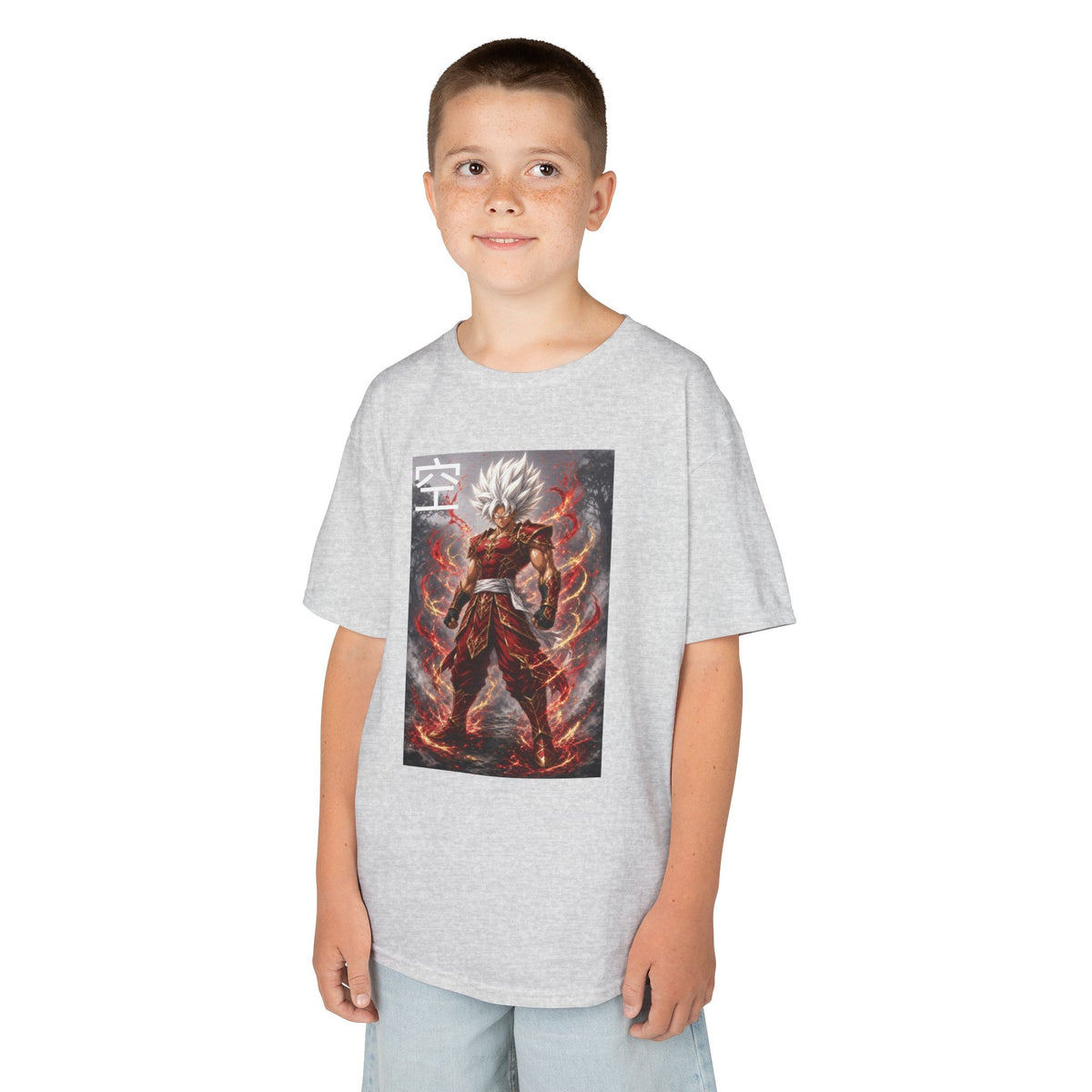 Kids Anime T-Shirt, Sky Kanji White Hair Warrior Youth Shirt, Elemental God Mode Fighter Graphic Boy Girl Clothes