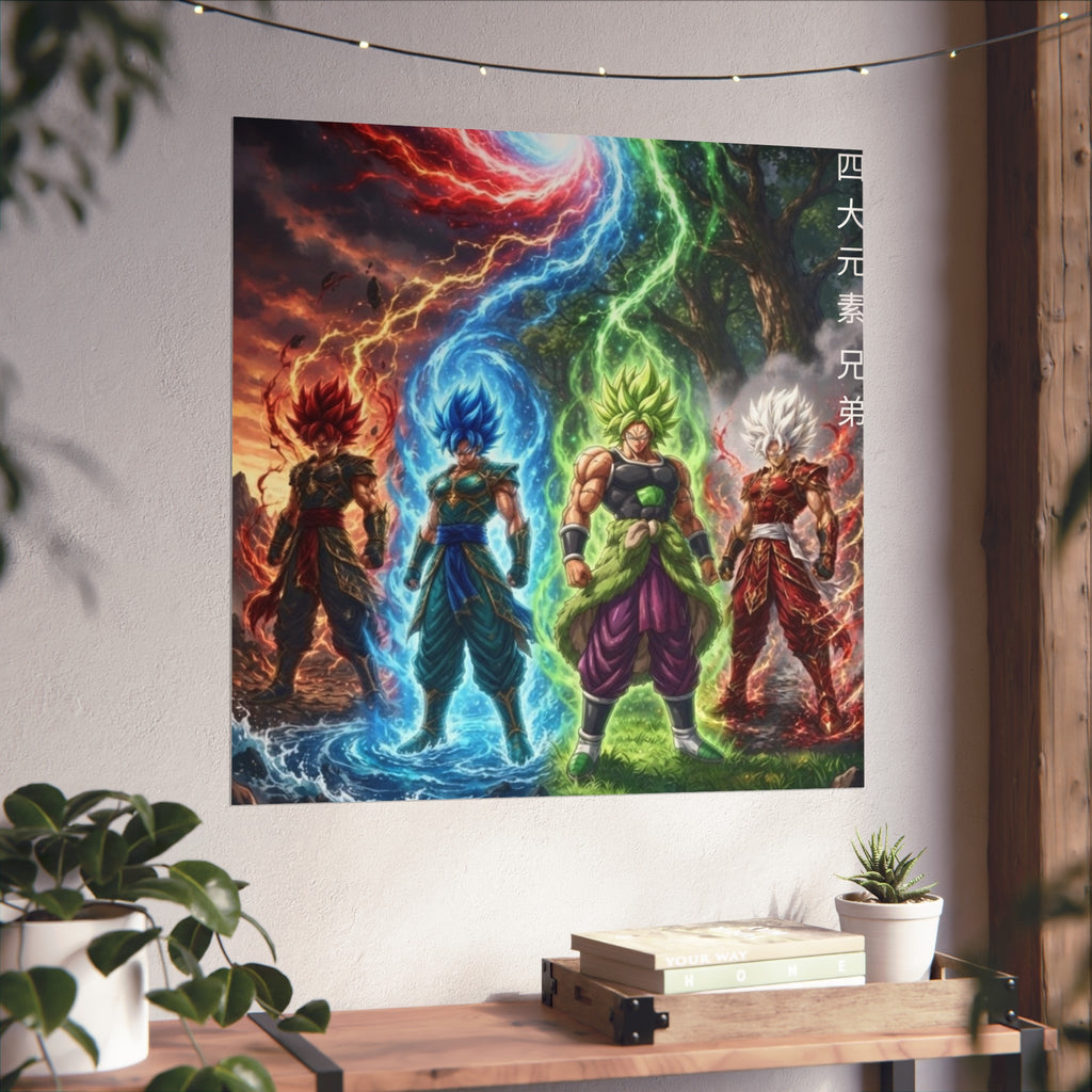 Square Panoramic Poster, Four Elemental Brothers Anime Art Print, Multi Character Canvas Style Giclee Wall Decor