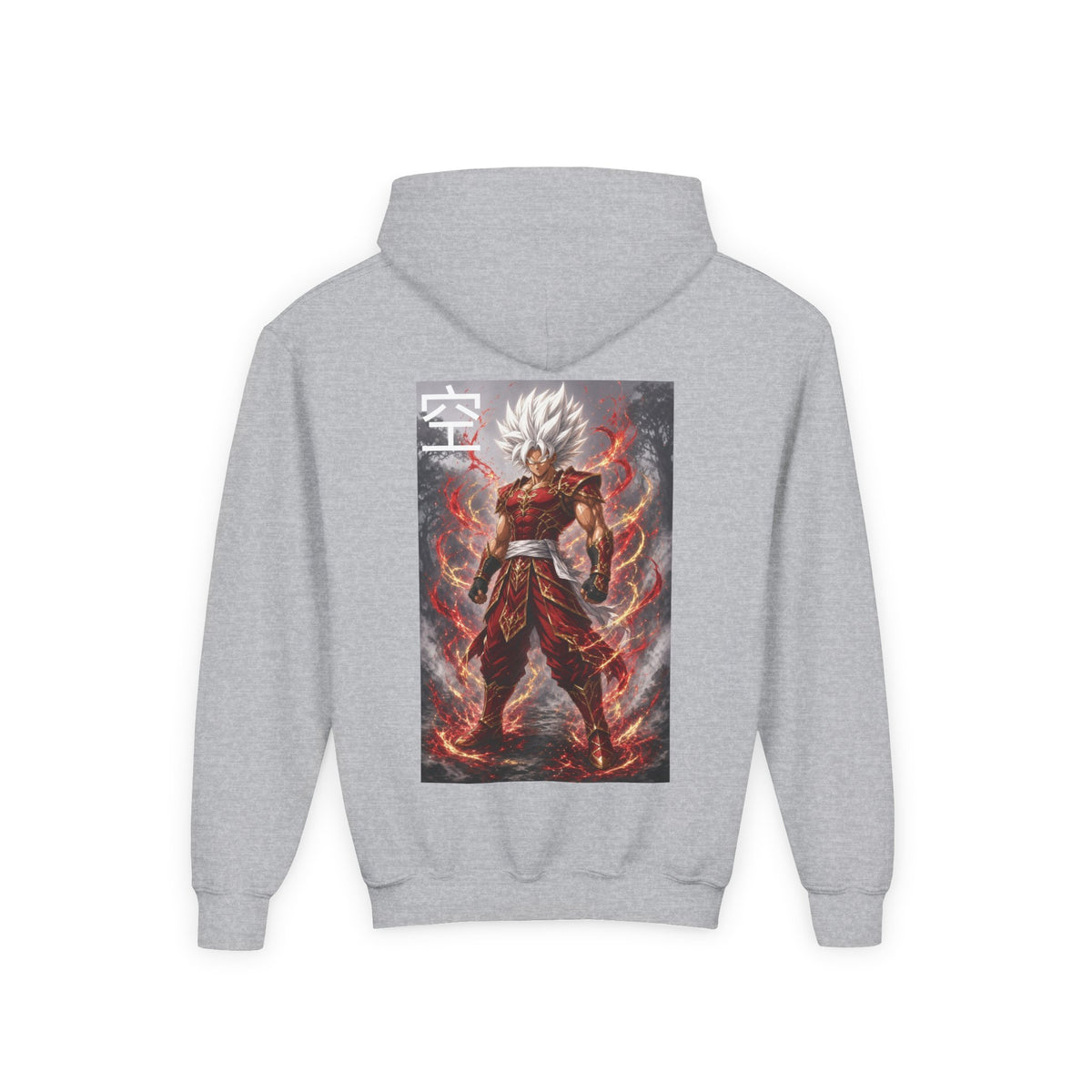 White Hair Warrior Hoodie, Sky Kanji Anime Kids Pullover, Front Minimal Chest Text Back Print Elemental Graphic Youth Sweatshirt