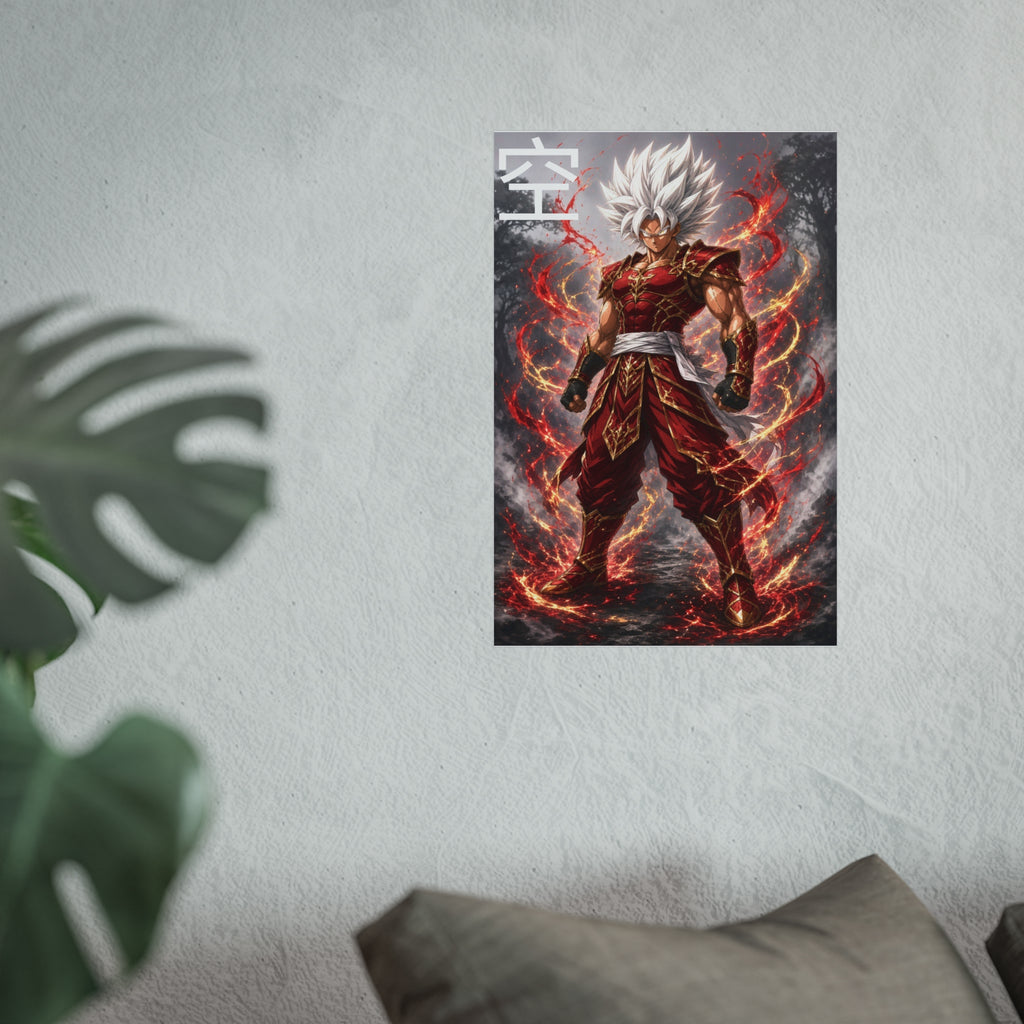Sky Kanji Warrior Poster, White Hair God Mode Anime Art Print, Vertical Elemental Fighter Giclee Wall Decor
