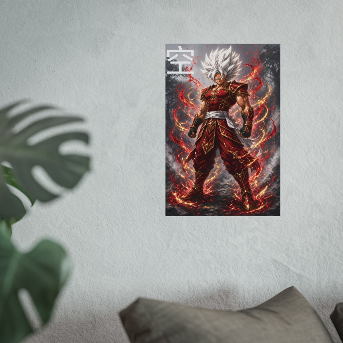 Sky Kanji Warrior Poster, White Hair God Mode Anime Art Print, Vertical Elemental Fighter Giclee Wall Decor
