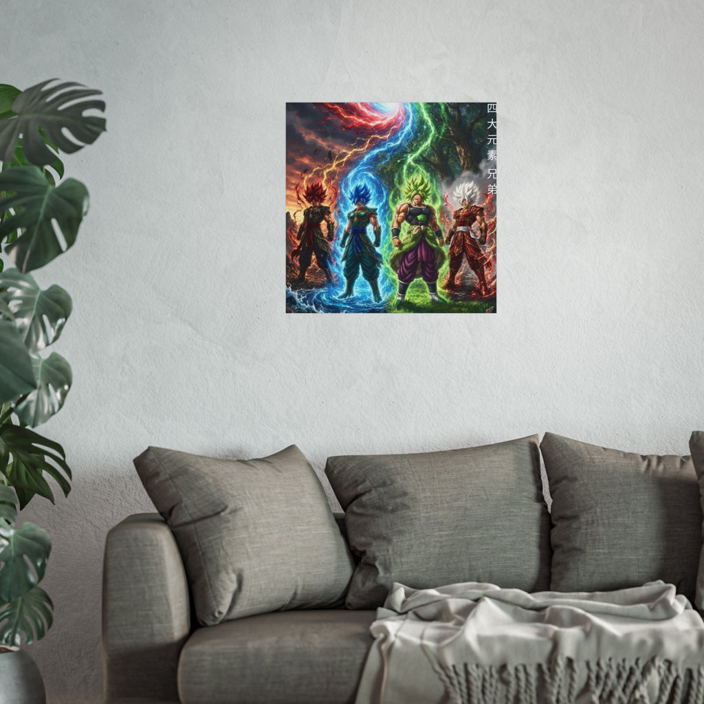 Square Panoramic Poster, Four Elemental Brothers Anime Art Print, Multi Character Canvas Style Giclee Wall Decor