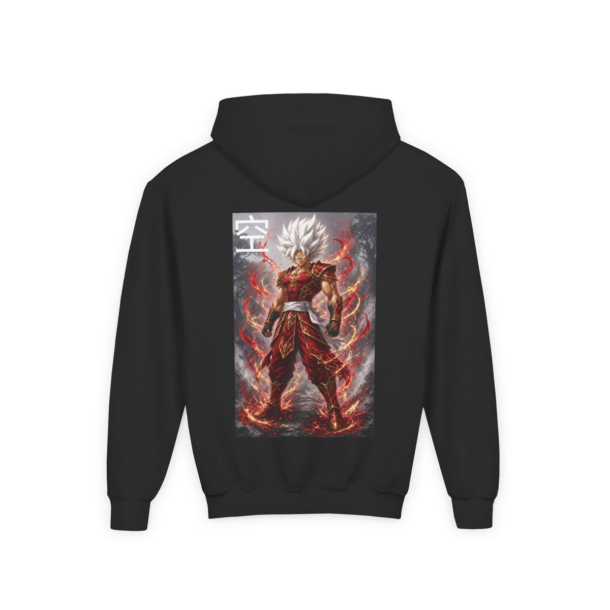 White Hair Warrior Hoodie, Sky Kanji Anime Kids Pullover, Front Minimal Chest Text Back Print Elemental Graphic Youth Sweatshirt