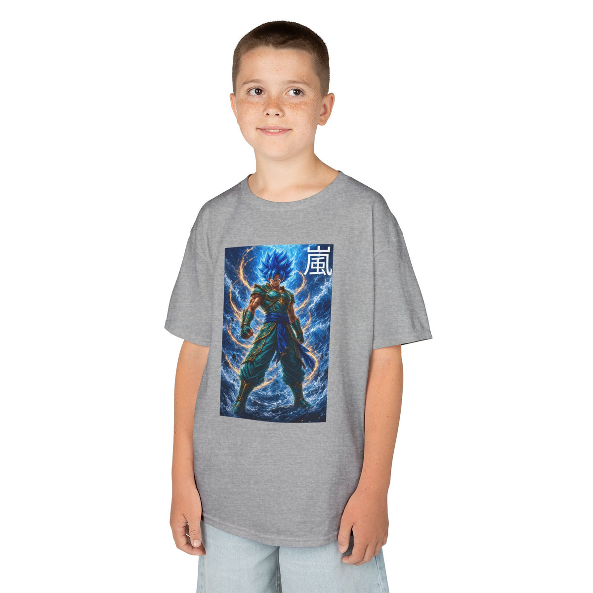 Kinetic Lightning Tee, Storm Kanji Blue Warrior Youth Shirt, Elemental Electric Fighter Graphic Kids Playwear Clothing