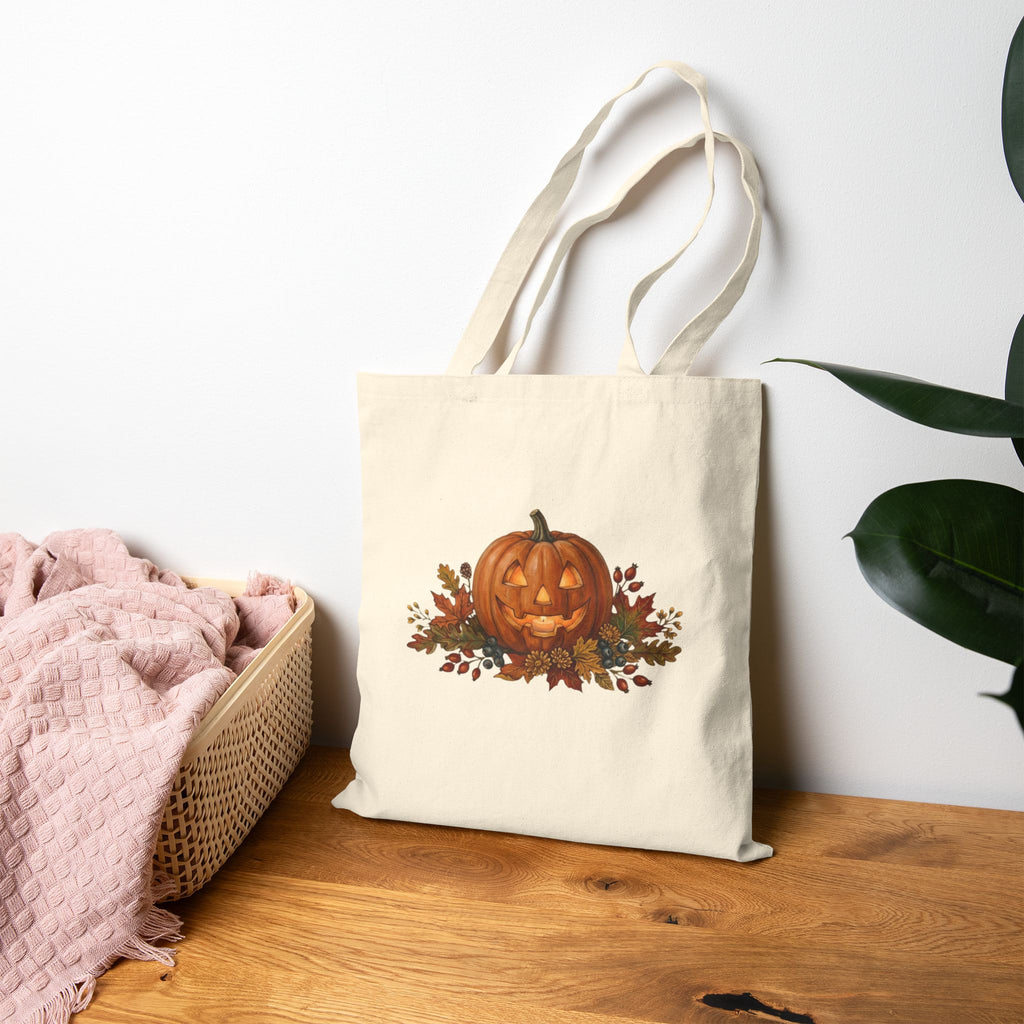 Jack-O'-Lantern Pumpkin Tote Bag | Fall Leaves Autumn Halloween