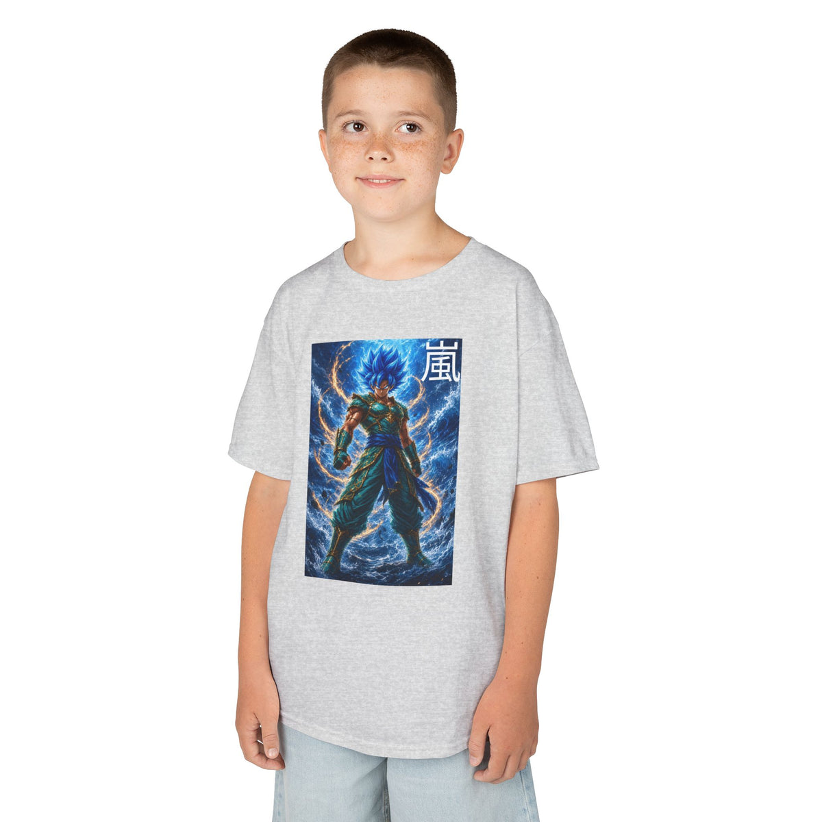 Kinetic Lightning Tee, Storm Kanji Blue Warrior Youth Shirt, Elemental Electric Fighter Graphic Kids Playwear Clothing