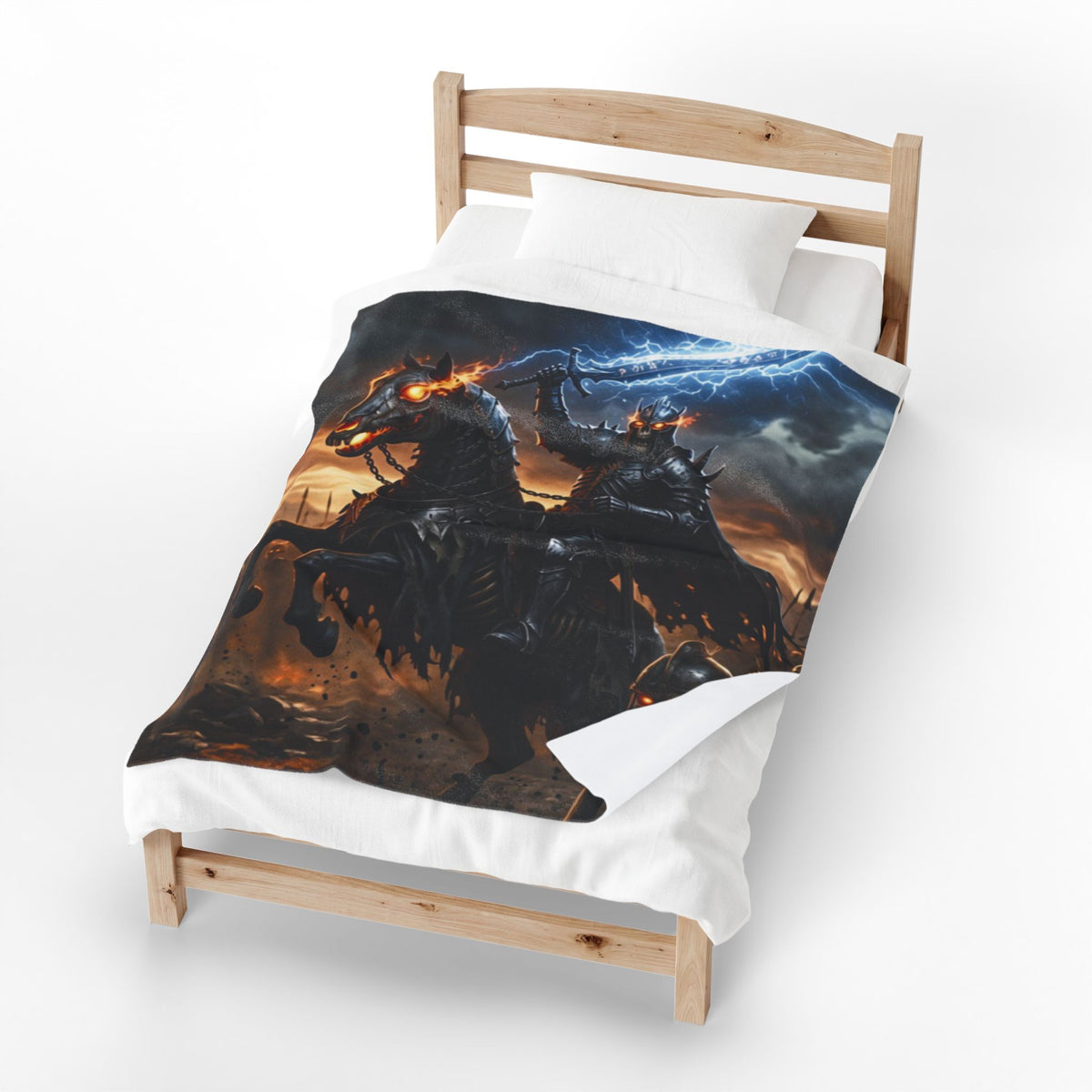 Rune Lit Blade Blanket, Velveteen Plush Dark Fantasy Throw, Armored Skeleton Warlord Cozy Fleece Bedding