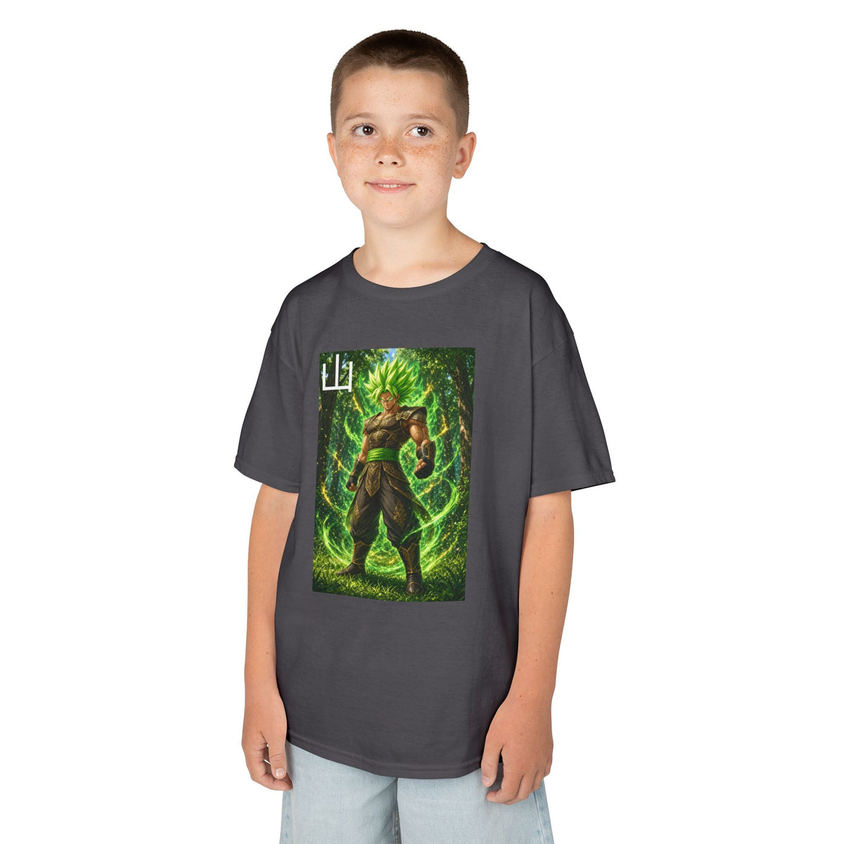Emerald Forest Tee, Mountain Kanji Green Warrior Youth Shirt, Elemental Earth Fighter Graphic Kids Playwear Clothing