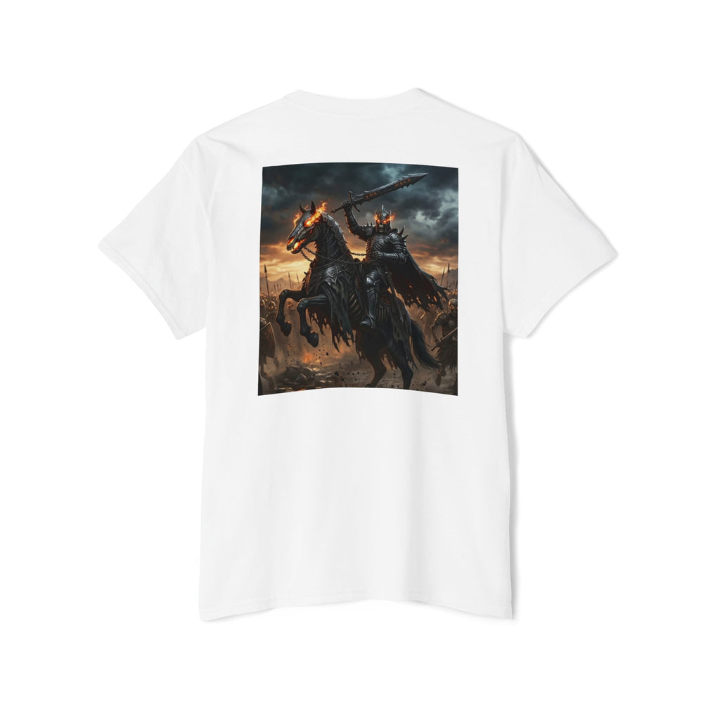 Front Pocket Emblem T-Shirt, Full Color Back Print Dark Knight Tee, Double Sided Medieval Undead Warrior Apparel