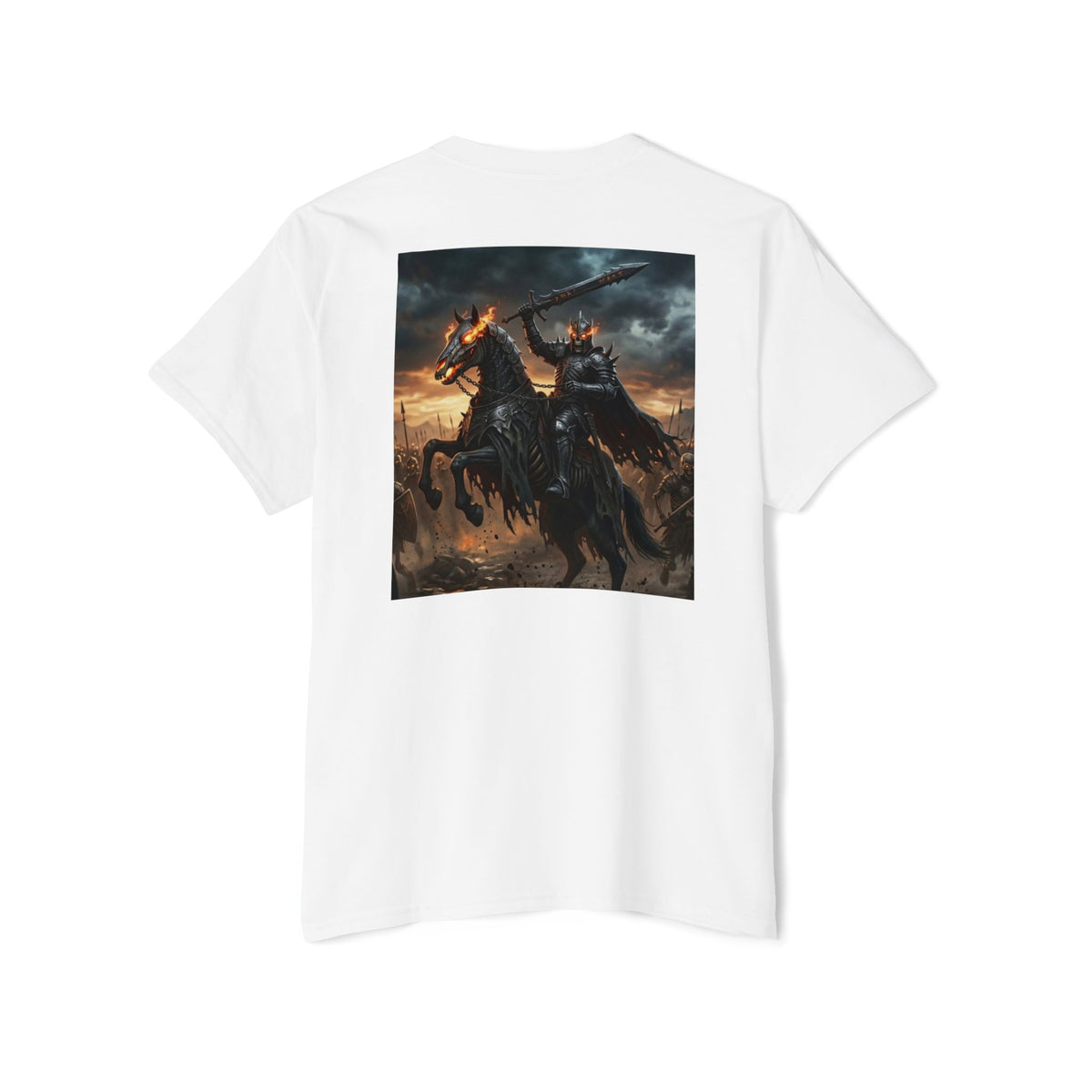Front Pocket Emblem T-Shirt, Full Color Back Print Dark Knight Tee, Double Sided Medieval Undead Warrior Apparel