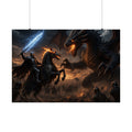 Horned Leviathan Standoff Poster, Horizontal Matte Dark Fantasy Wall Print, Lightning Sword vs Ancient Dragon Art for Game Room