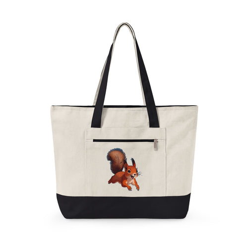 Cute Squirrel Canvas Tote Bag Zippered Heavy Duty Cotton Shoulder Pouch Everyday Animal Grocery Pack