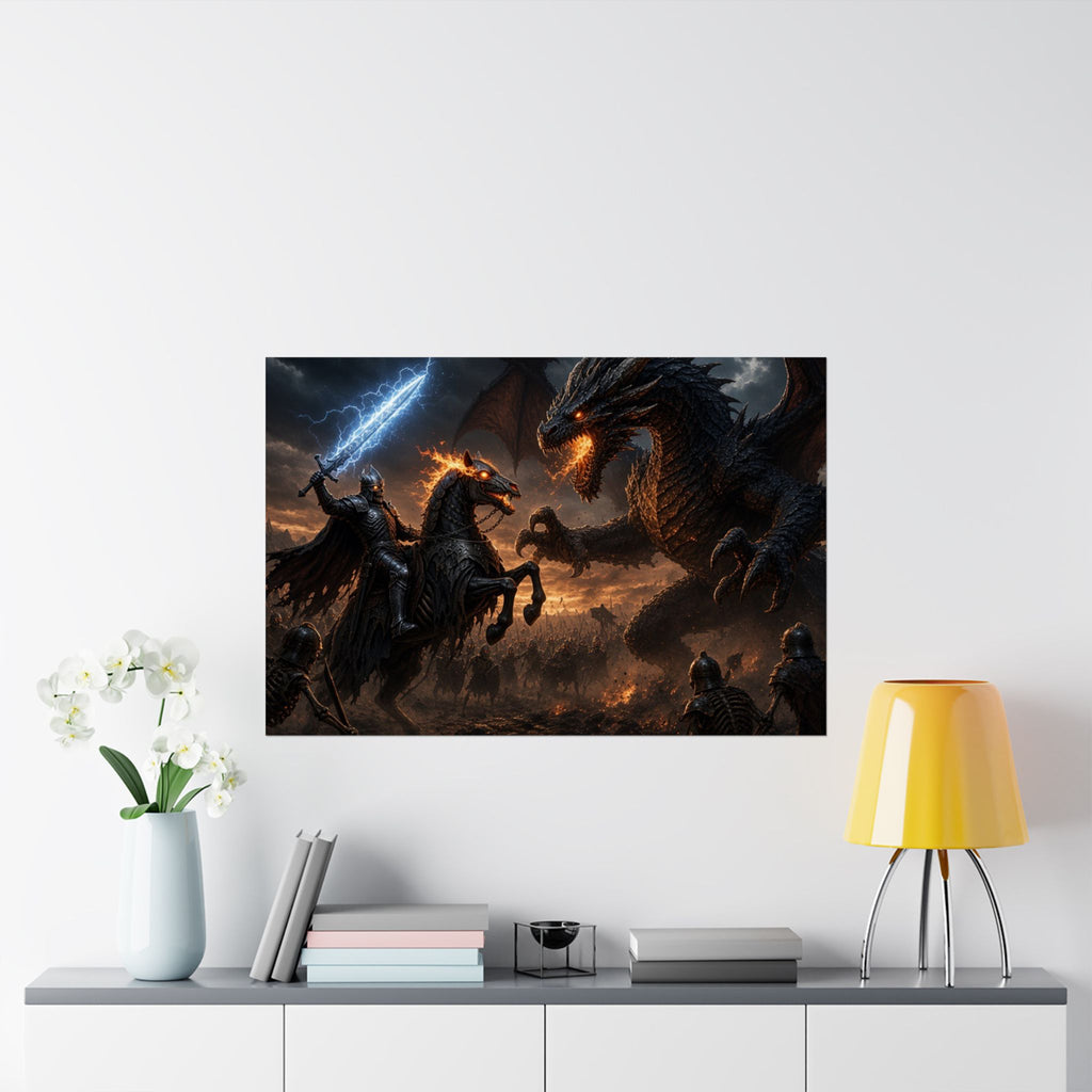 Horned Leviathan Standoff Poster, Horizontal Matte Dark Fantasy Wall Print, Lightning Sword vs Ancient Dragon Art for Game Room