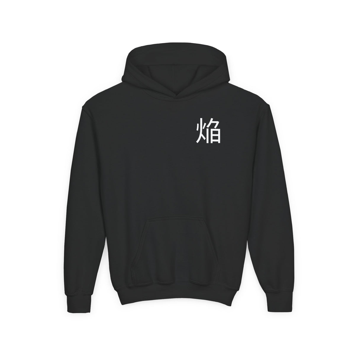 Fiery Crimson Warrior Hoodie, Flame Kanji Anime Kids Pullover, Front Minimal Chest Text Back Print Elemental Graphic Youth Sweatshirt