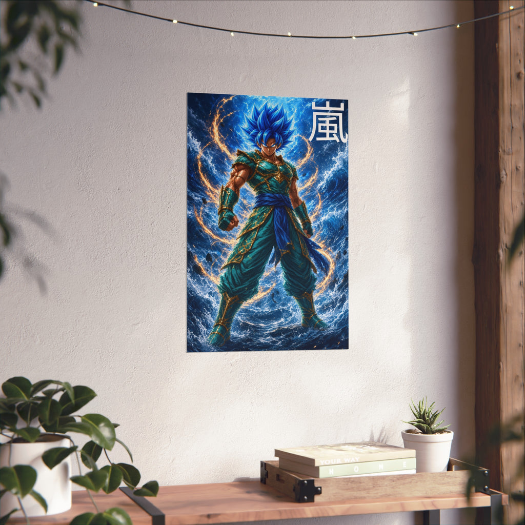 Storm Kanji Poster, Electric Blue Aura Anime Art Print, Vertical Elemental Lightning Fighter Giclee Wall Decor