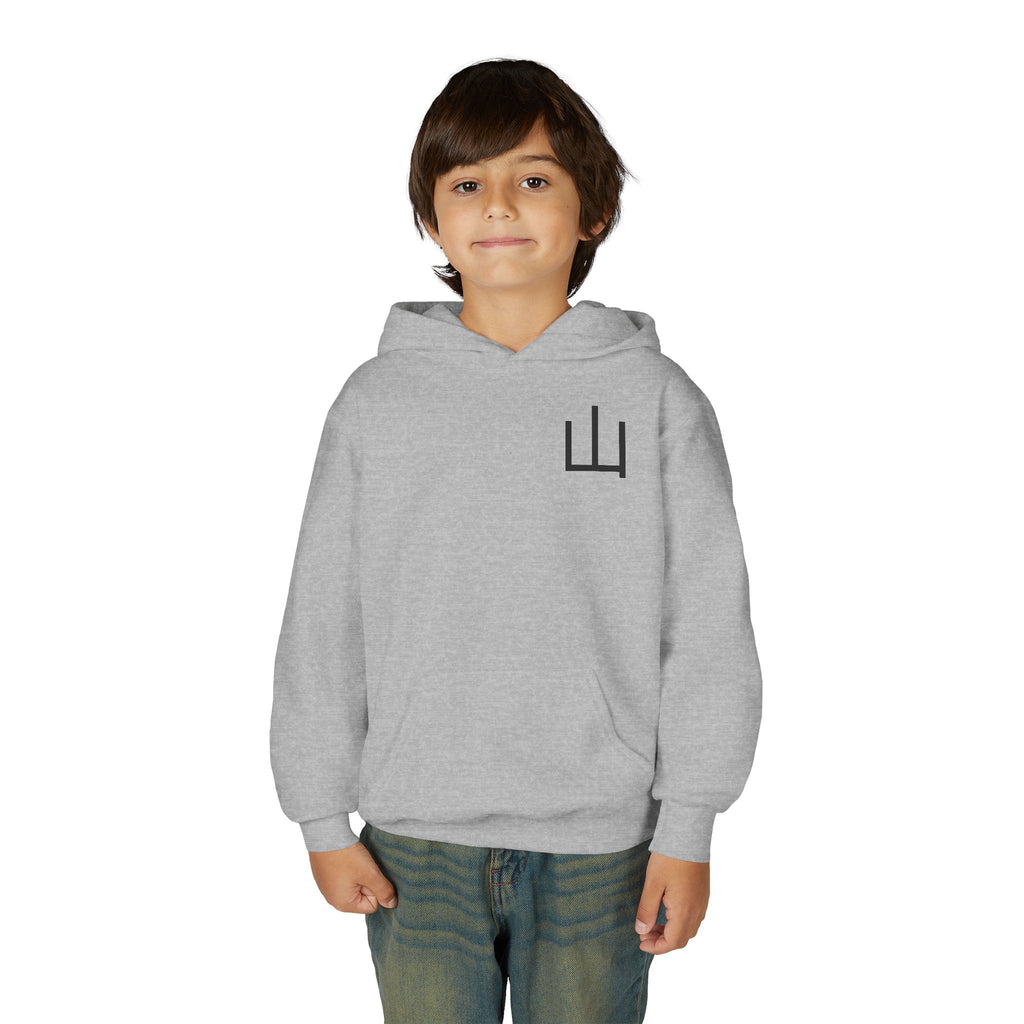 Deep Forest Warrior Hoodie, Mountain Kanji Anime Kids Pullover, Front Minimal Chest Text Back Print Elemental Graphic Youth Sweatshirt