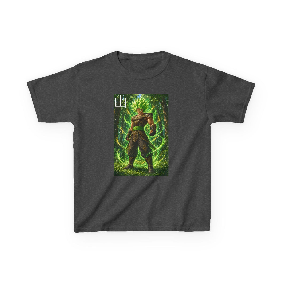 Emerald Forest Tee, Mountain Kanji Green Warrior Youth Shirt, Elemental Earth Fighter Graphic Kids Playwear Clothing