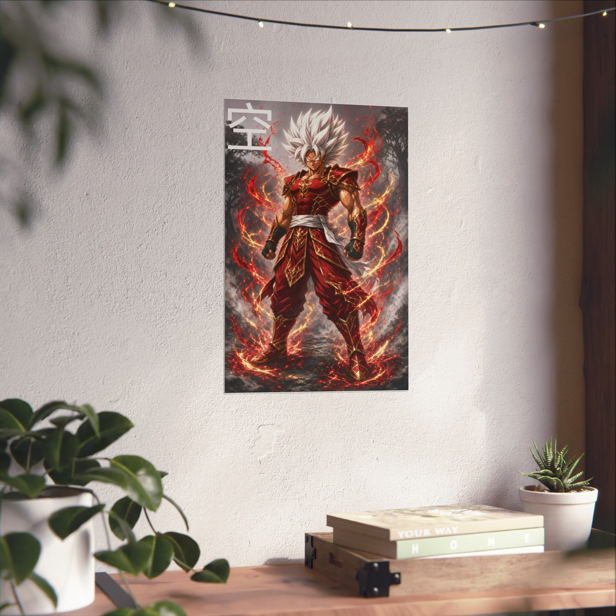Sky Kanji Warrior Poster, White Hair God Mode Anime Art Print, Vertical Elemental Fighter Giclee Wall Decor