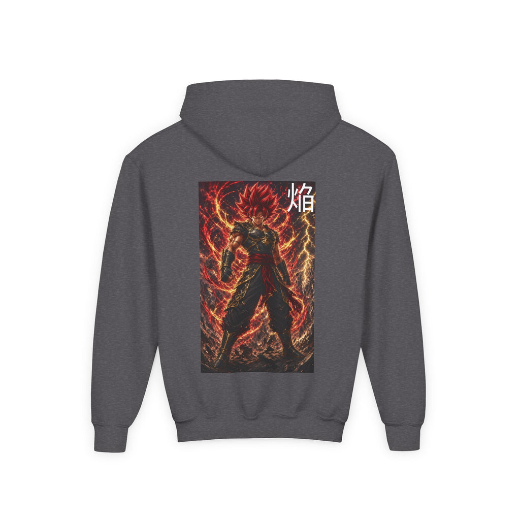 Fiery Crimson Warrior Hoodie, Flame Kanji Anime Kids Pullover, Front Minimal Chest Text Back Print Elemental Graphic Youth Sweatshirt