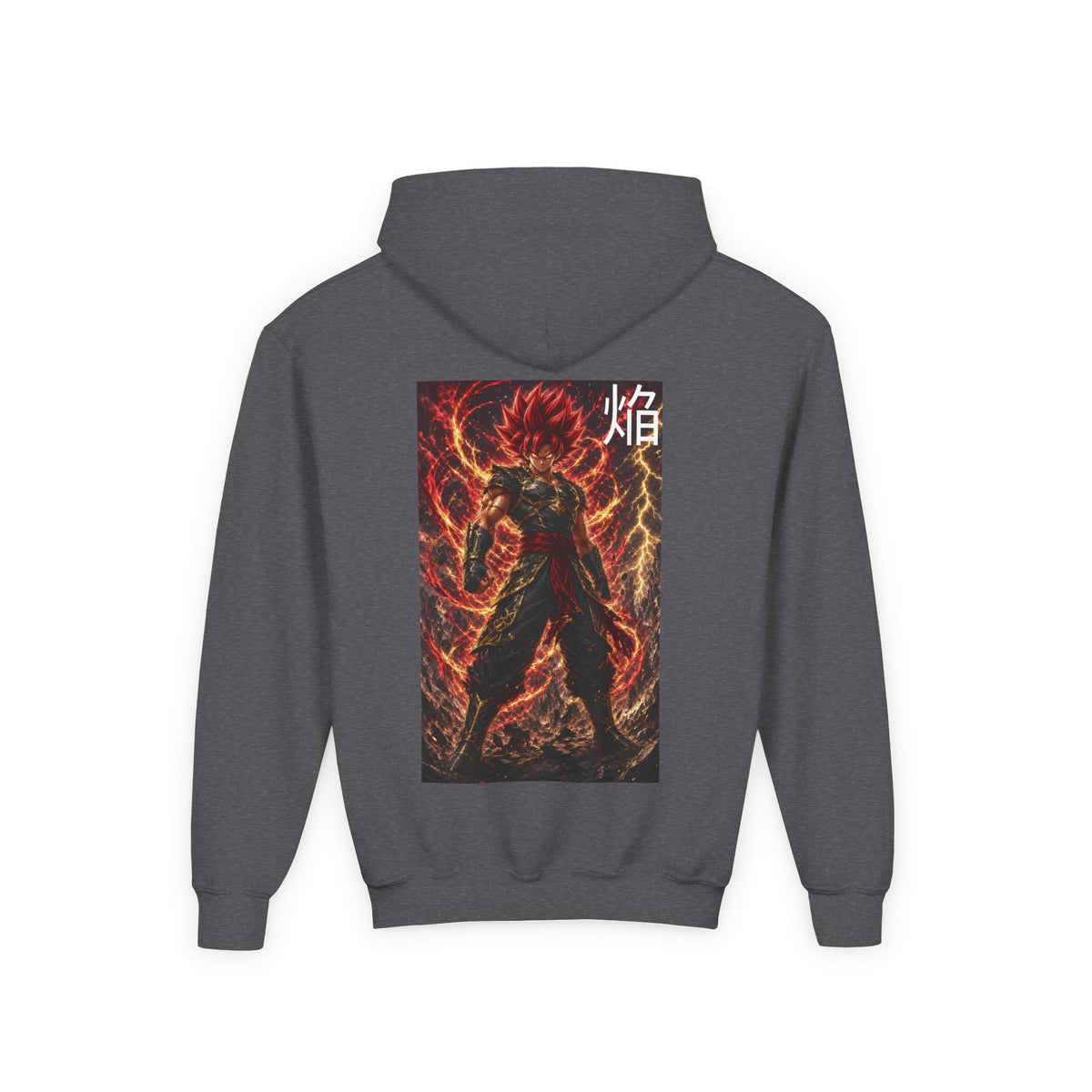 Fiery Crimson Warrior Hoodie, Flame Kanji Anime Kids Pullover, Front Minimal Chest Text Back Print Elemental Graphic Youth Sweatshirt