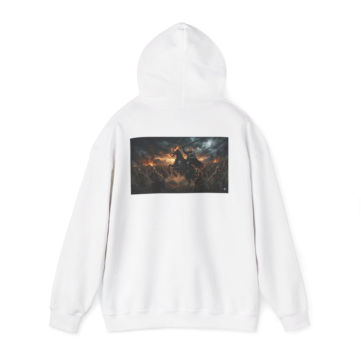 Minimalist Silhouette Front Hoodie, Full Color Back Battle Scene Sweatshirt, Double Sided Gothic Heavyweight Pullover Apparel